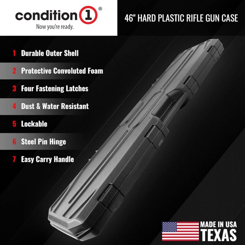 Condition 1 46” Rifle Gun Case, Hard Lockable Storage Box, Water Resistant Plastic Travel Case Model 628 For Tactical Gear, Protective Luggage, Made in USA, ‎46.62″x12.5″x3.81″ Black
