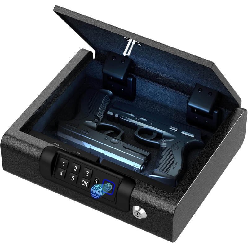 Gun Safe,Biometric Gun Safe for Pistols 3-Ways unlock Fingerprint Digital PIN Key Unlock with Voice, Lock box for Cloakroom living room Bedroom Nightstand and Car BILLCONCH