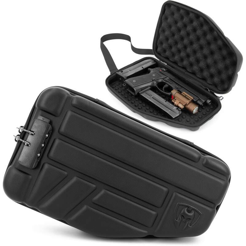 CASEMATIX Locking Pistol Case Fits Small to Large 9mm Pistols with Room For Extra Clips and Attachments – Portable EVA Gun Rug Handgun Case with Foam, Snap In Zippers, Water Resistant, Shoulder Strap