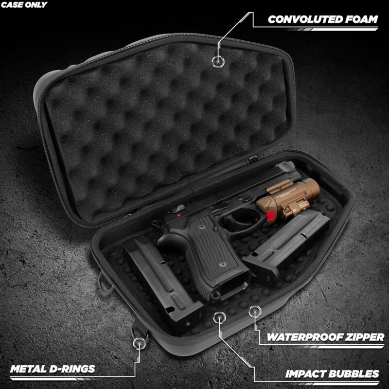 CASEMATIX Locking Pistol Case Fits Small to Large 9mm Pistols with Room For Extra Clips and Attachments – Portable EVA Gun Rug Handgun Case with Foam, Snap In Zippers, Water Resistant, Shoulder Strap