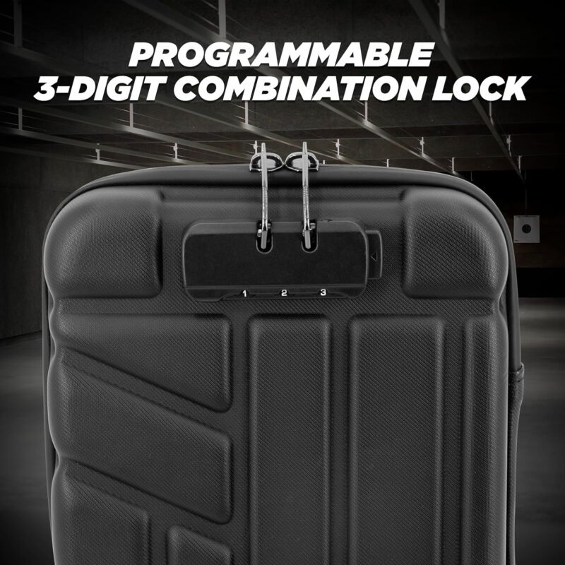 CASEMATIX Locking Pistol Case Fits Small to Large 9mm Pistols with Room For Extra Clips and Attachments – Portable EVA Gun Rug Handgun Case with Foam, Snap In Zippers, Water Resistant, Shoulder Strap
