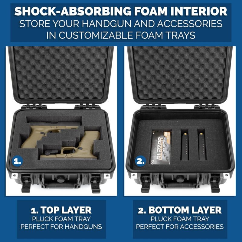 CASEMATIX Two Gun Hard Case for 2 Handguns – TSA Approved Waterproof & Shockproof 2 Pistol Hard Case, Double Handgun Case with Accessory Storage for Multiple Magazines and Other Accessories