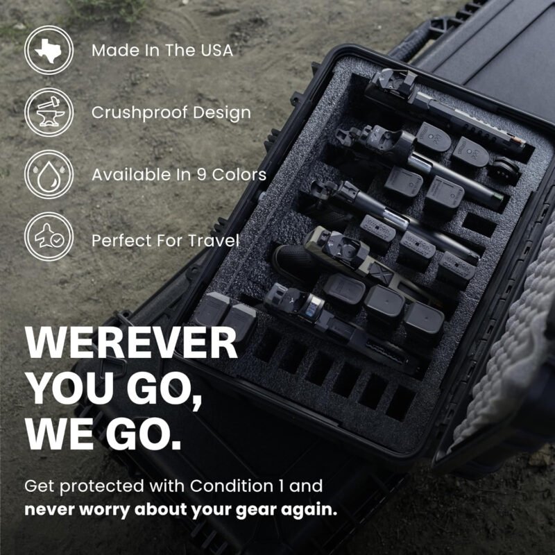 Condition 1 18” 5 Pistol Case, Model 801, Heavy Duty Waterproof Hard Gun Case with 5 Slot 20 Mag Pre-Cut Foam, TSA Friendly, Made in USA, 18.36″x13.70″x7.03″