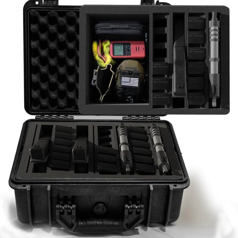 Versatile Pre-Cut Foam Tactical Pistol Case, Water& Shock Proof, TSA Approved, 16.1″ x 13.5″ x 8.0″