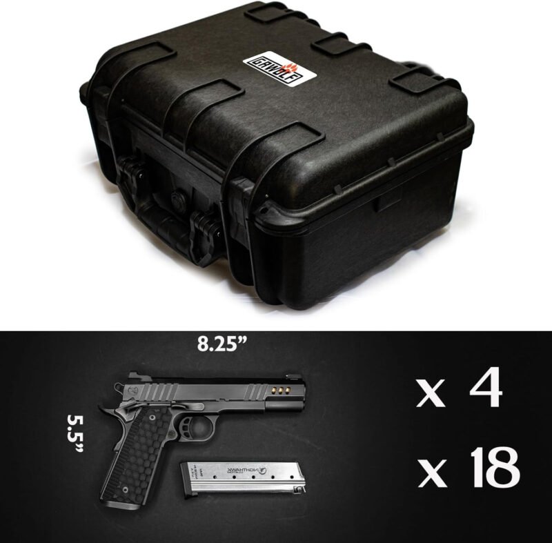 Versatile Pre-Cut Foam Tactical Pistol Case, Water& Shock Proof, TSA Approved, 16.1″ x 13.5″ x 8.0″