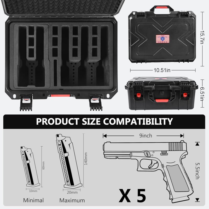 Gun Cases for Handguns 5 Pistol Case &12 Magazine Pre-Cut Multiple Pistols Shockproof Waterproof Hard Pistol Cases with Desiccant tsa Approved Firearm Travel Case