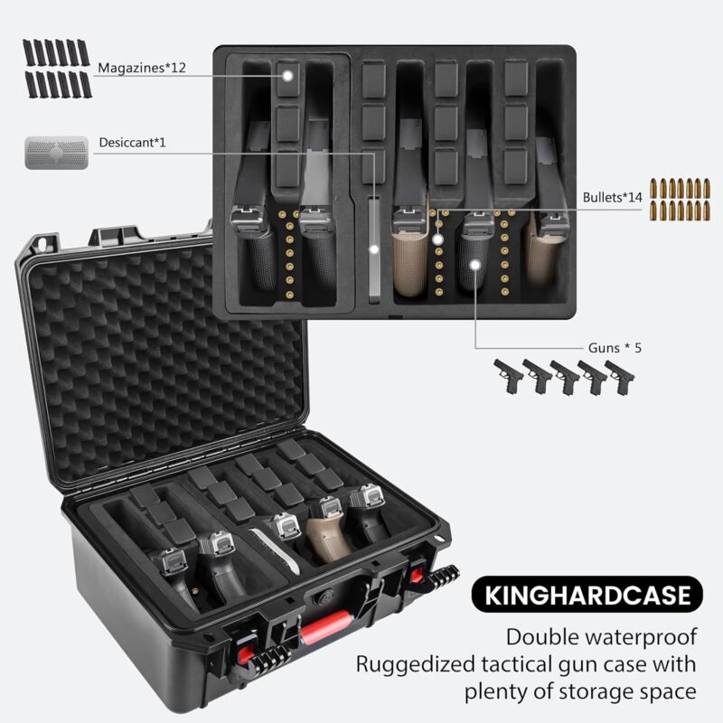 Gun Cases for Handguns 5 Pistol Case &12 Magazine Pre-Cut Multiple Pistols Shockproof Waterproof Hard Pistol Cases with Desiccant tsa Approved Firearm Travel Case