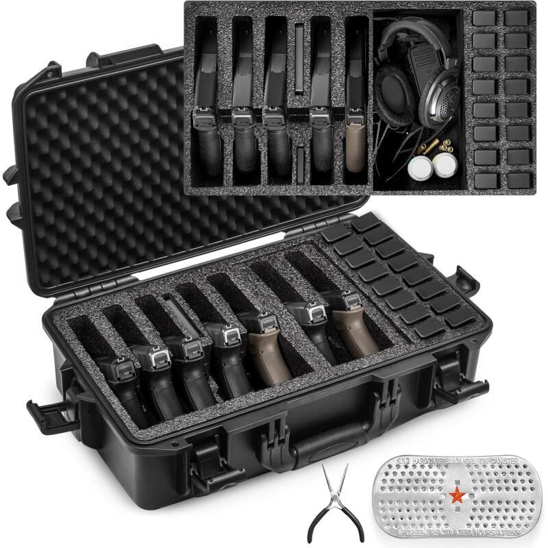 Hard Pistol Cases – Waterproof, Compatible with 7 Pistols & 16 Magazines – Durable Gun Case for Collectors & Enthusiasts （With Desiccant）
