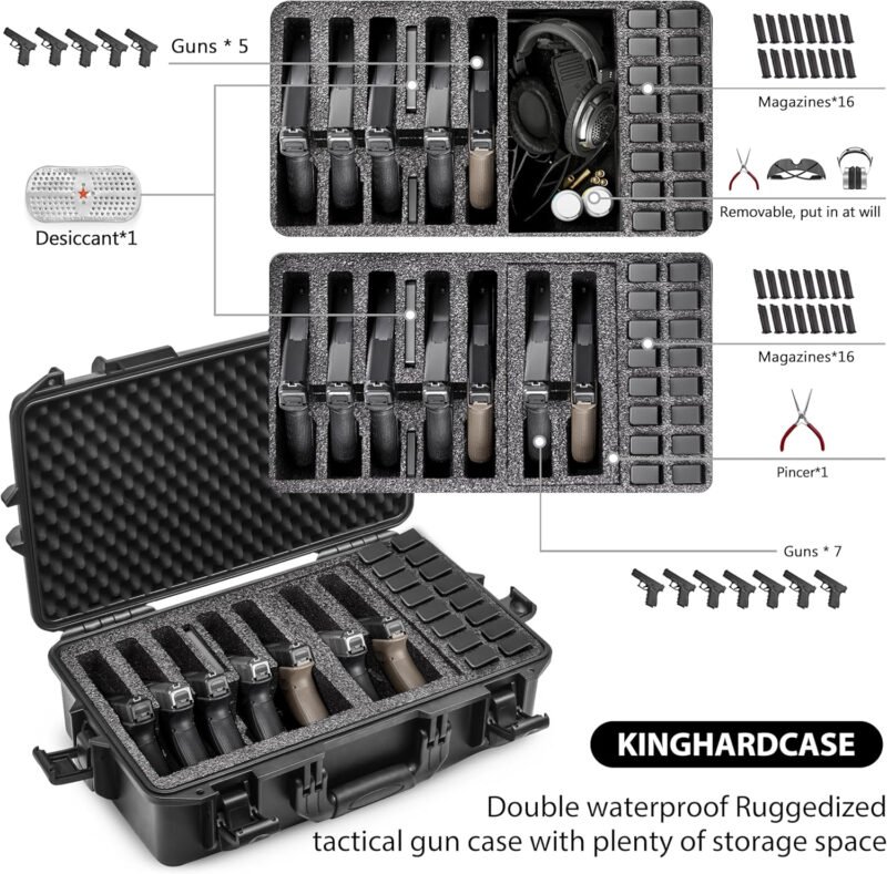 Hard Pistol Cases – Waterproof, Compatible with 7 Pistols & 16 Magazines – Durable Gun Case for Collectors & Enthusiasts （With Desiccant）