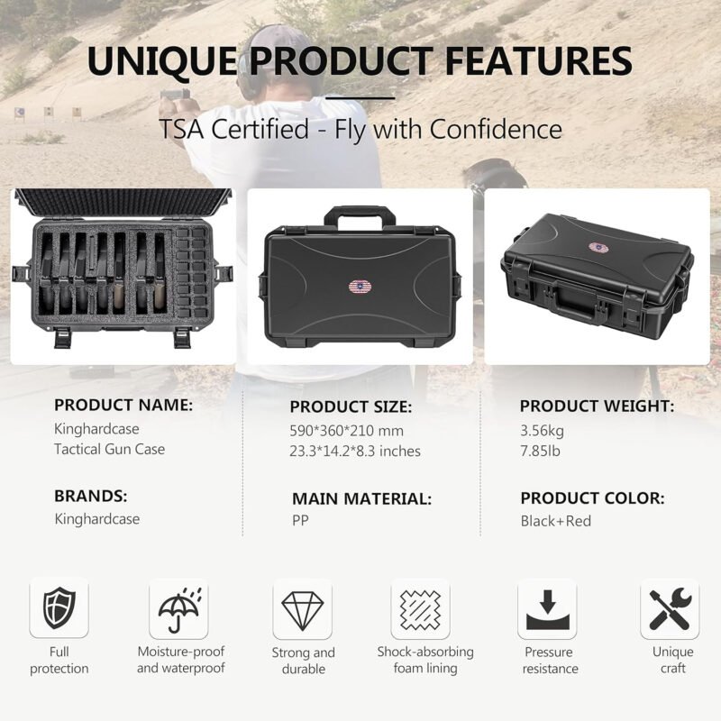 Hard Pistol Cases – Waterproof, Compatible with 7 Pistols & 16 Magazines – Durable Gun Case for Collectors & Enthusiasts （With Desiccant）