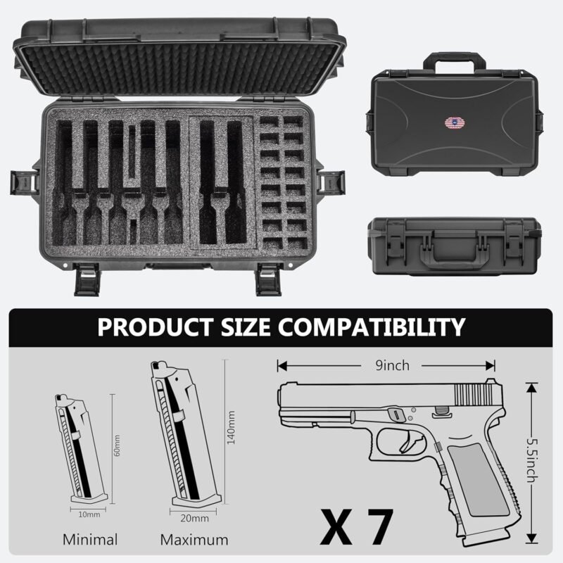 Hard Pistol Cases – Waterproof, Compatible with 7 Pistols & 16 Magazines – Durable Gun Case for Collectors & Enthusiasts （With Desiccant）
