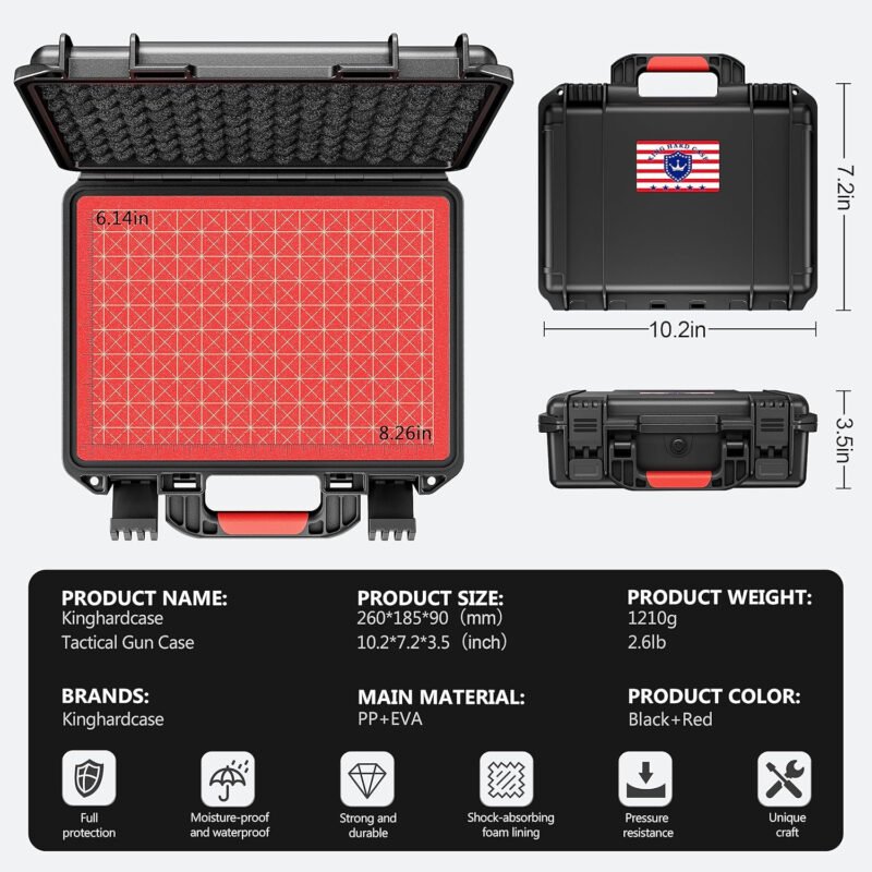 Gun Case for Handgun Pistol Cases Hard Shell TSA Lockable Pistol Case DIY Waterproof & Shockproof Air Travel Locking Gun Case 9mm
