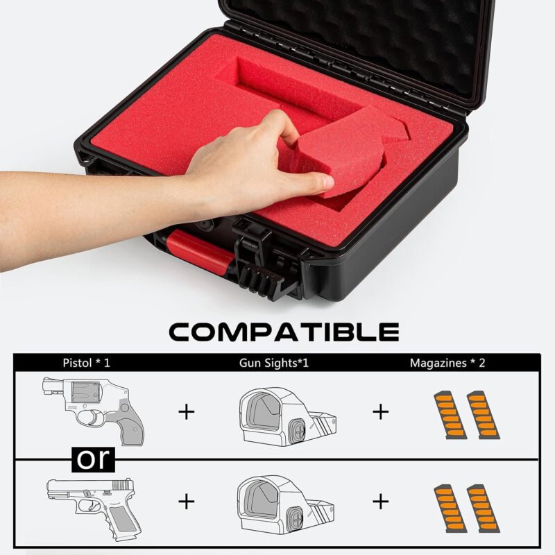 Gun Case for Handgun Pistol Cases Hard Shell TSA Lockable Pistol Case DIY Waterproof & Shockproof Air Travel Locking Gun Case 9mm