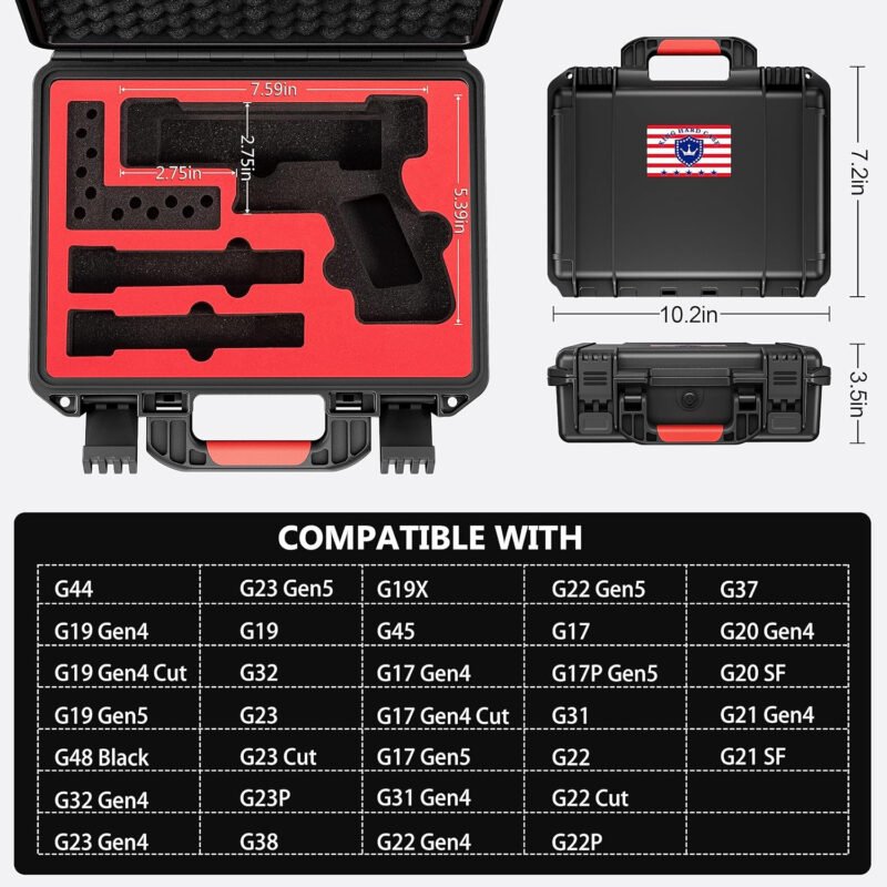 Lockable Handgun Case for Glock Case, TSA Approved Gun Case for G17/G19/G20/G21/G22/G23/G31/G32/G37/G38/G43/G45, Waterproof Gun Case with Foam, Pistol Case for Transport and Storage