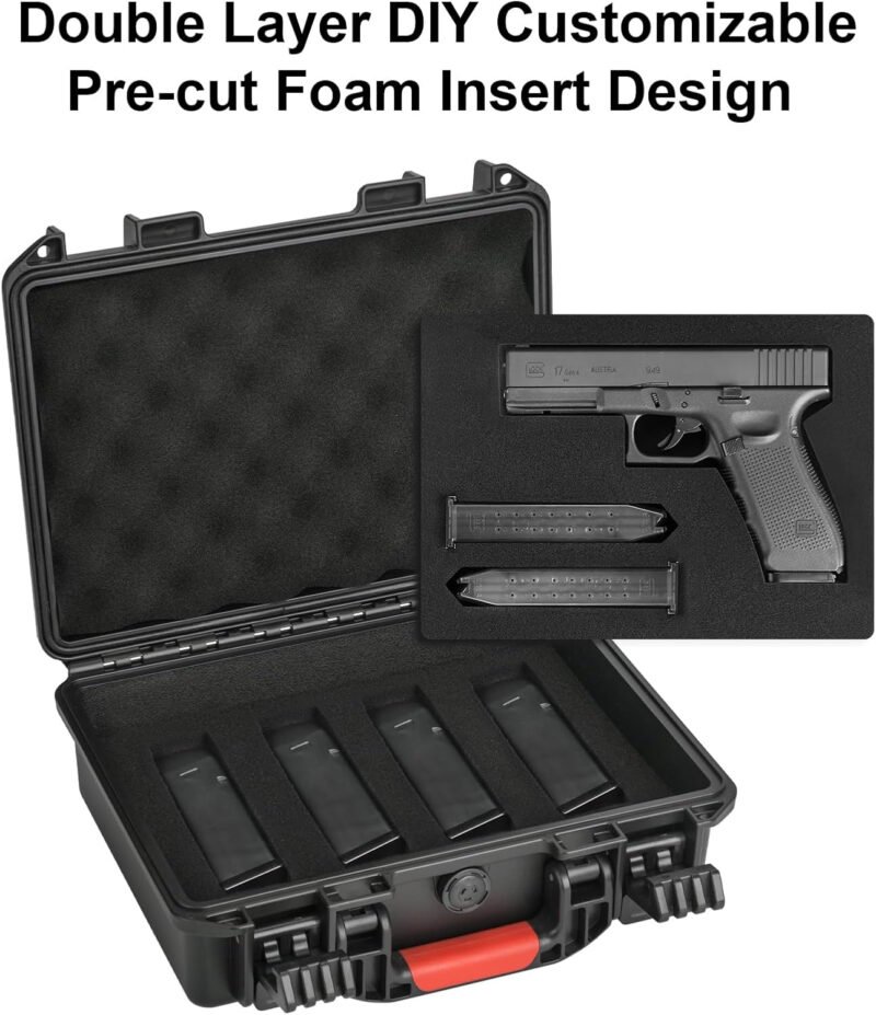 Gun Case TSA Approved Pistol Case Hard Shell Waterproof with DIY Customizable Pre-cut Foam Insert – Travel Gun Case for Gun Case 9mm