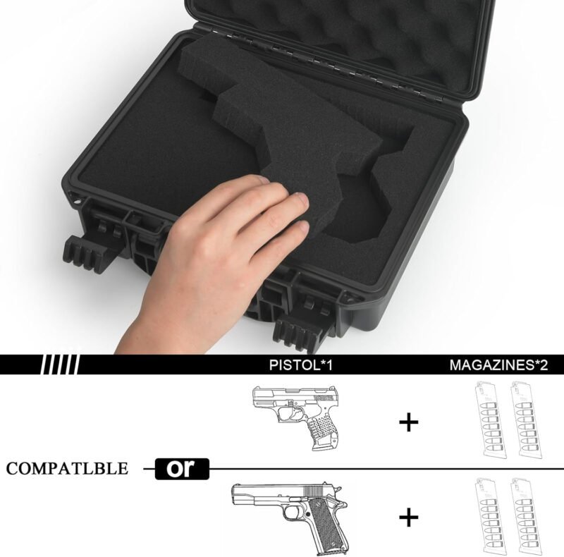 Gun Case TSA Approved Pistol Case Hard Shell Waterproof with DIY Customizable Pre-cut Foam Insert – Travel Gun Case for Gun Case 9mm