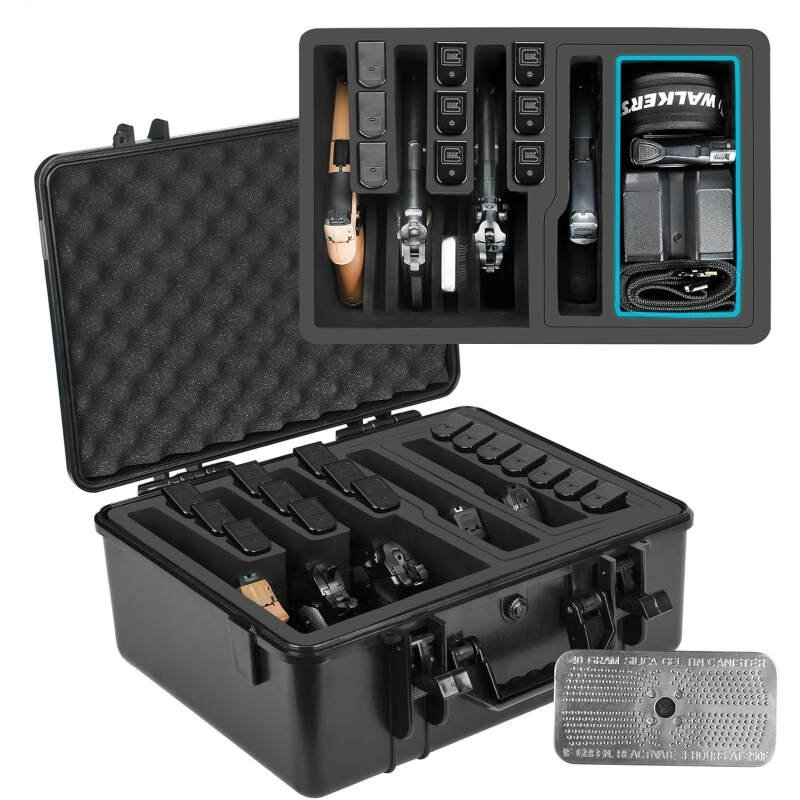 TSA Approved Gun Case for Pistol – Holds 5 Handguns & 16 Magazines | Air Travel Hard Shell Pistol Case | Pre-cut Heavy Duty Waterproof Multiple Pistols Storage Box with Silica Gel Canister