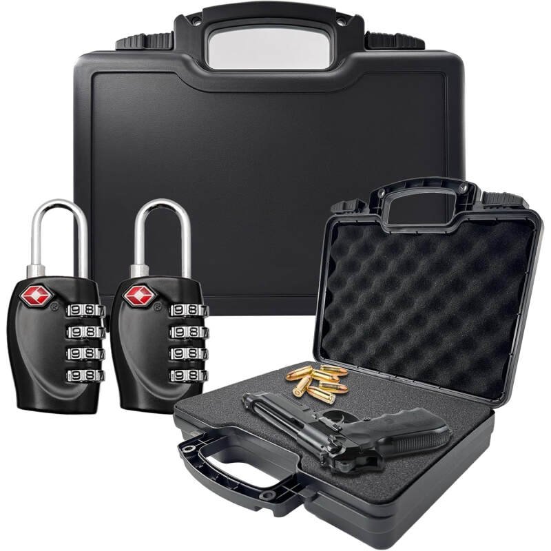 TSA Approved Gun Case for Air Travel with Locks-Handgun Case Lockable ‎12.8 x 10 x 3.2 Inches, Water-Resistant Gun Carrying Case for Pistol, Plastic Hard Case with Foam‎