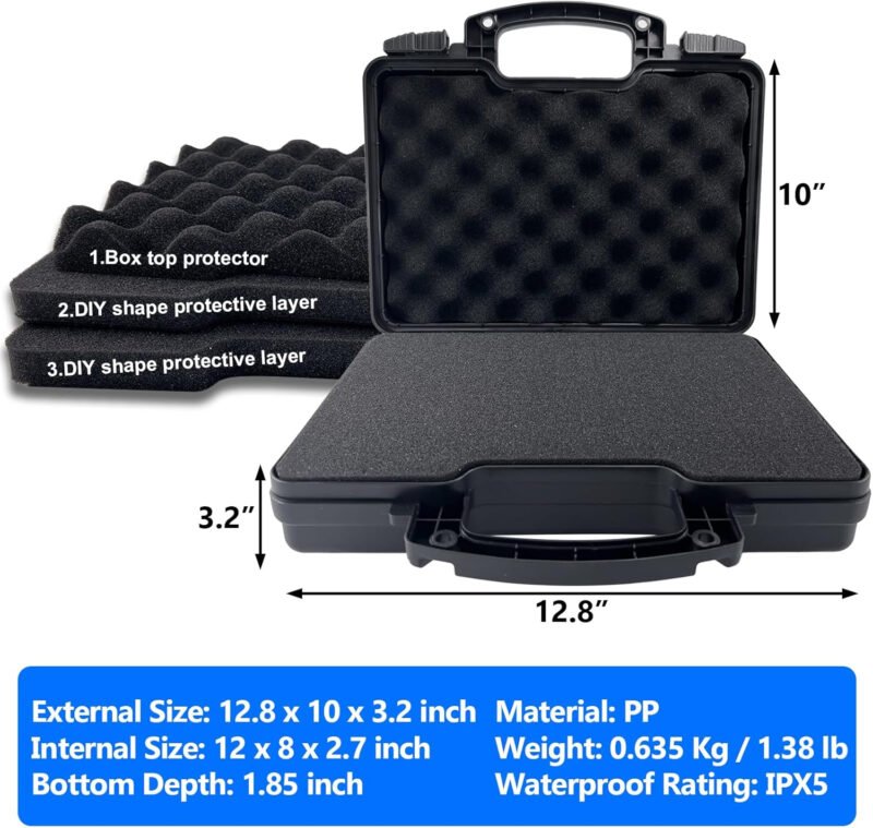 TSA Approved Gun Case for Air Travel with Locks-Handgun Case Lockable ‎12.8 x 10 x 3.2 Inches, Water-Resistant Gun Carrying Case for Pistol, Plastic Hard Case with Foam‎