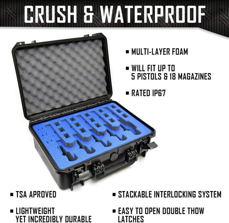 5 Pistol 18 Magazine Doro Gun Case with Custom MyCaseBuilder Foam Insert – Waterproof, Heavy Duty – Tactical Firearms and Ammunition Holder, 18 x 14 x 7 Inches