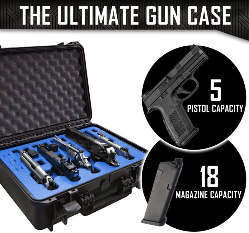 5 Pistol 18 Magazine Doro Gun Case with Custom MyCaseBuilder Foam Insert – Waterproof, Heavy Duty – Tactical Firearms and Ammunition Holder, 18 x 14 x 7 Inches