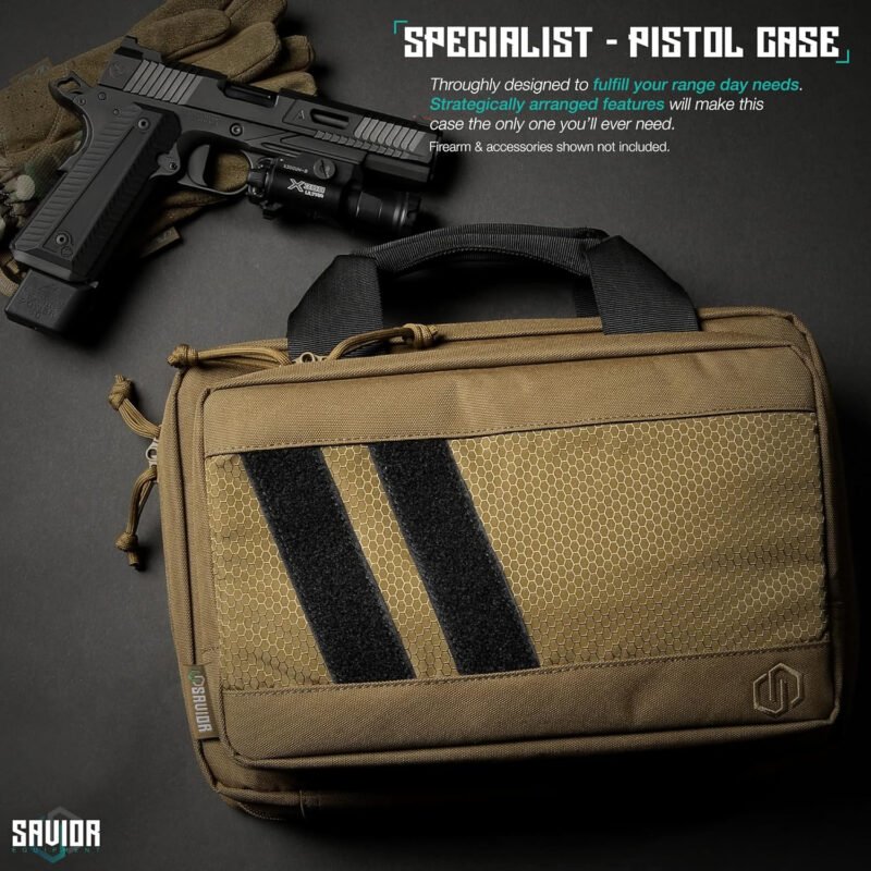 Savior Equipment Specialist Series Tactical Double Scoped Handgun Firearm Case Pistol Bag for Outdoor Hunting Shooting Range, Lockable Compartment, Additional Magazine Storage Slots
