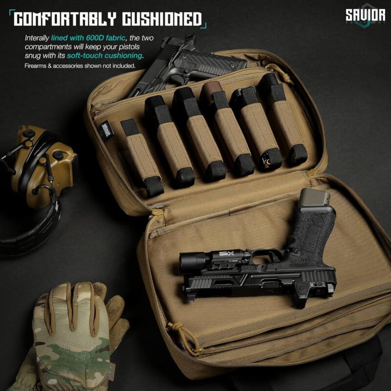 Savior Equipment Specialist Series Tactical Double Scoped Handgun Firearm Case Pistol Bag for Outdoor Hunting Shooting Range, Lockable Compartment, Additional Magazine Storage Slots