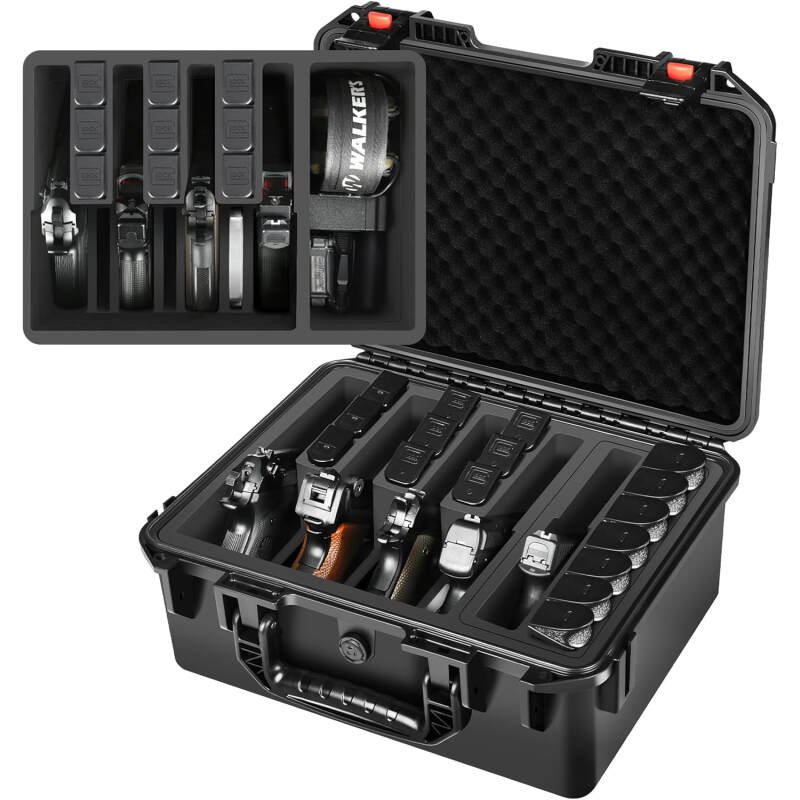 TSA Gun Pistol Case for 6 Handguns – Holds 6 Hand Gun Case & 24 Magazines, Pre-cut Waterproof Carrying Hard Shell Pistol Case for Multi Pistols, Storage Box for Beretta, Smith and Wesson, for Glock