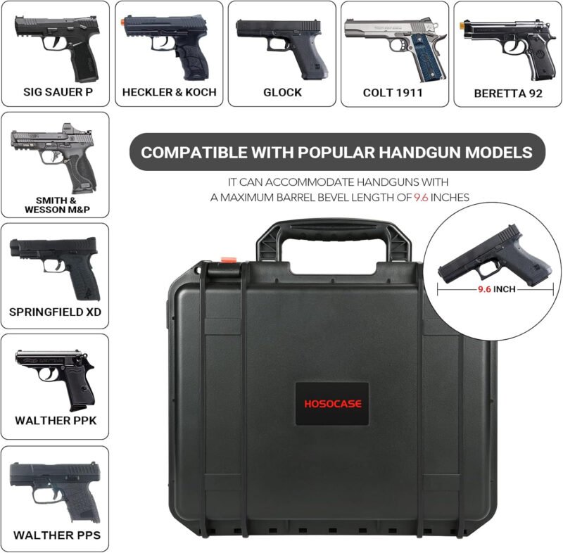 TSA Gun Pistol Case for 6 Handguns – Holds 6 Hand Gun Case & 24 Magazines, Pre-cut Waterproof Carrying Hard Shell Pistol Case for Multi Pistols, Storage Box for Beretta, Smith and Wesson, for Glock