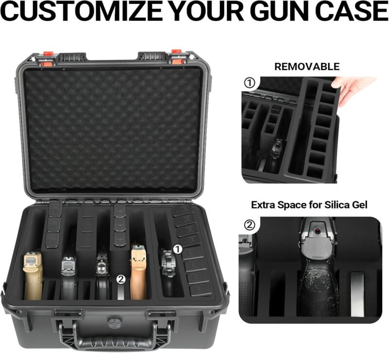 TSA Gun Pistol Case for 6 Handguns – Holds 6 Hand Gun Case & 24 Magazines, Pre-cut Waterproof Carrying Hard Shell Pistol Case for Multi Pistols, Storage Box for Beretta, Smith and Wesson, for Glock
