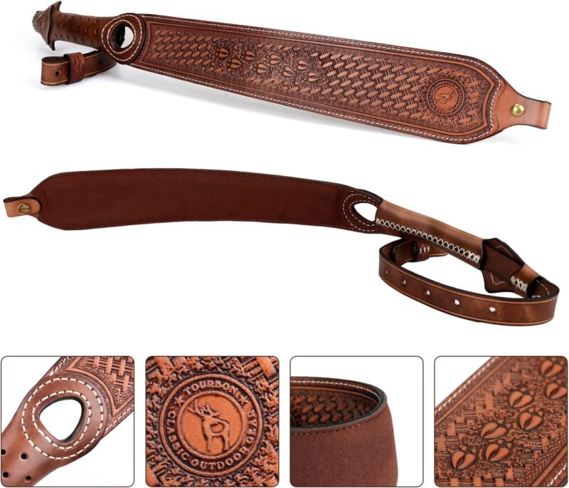 TOURBON Vintage Leather Rifle Sling with or Without Swivels Hunting Gun Strap for Shotgun with Thumb Loop