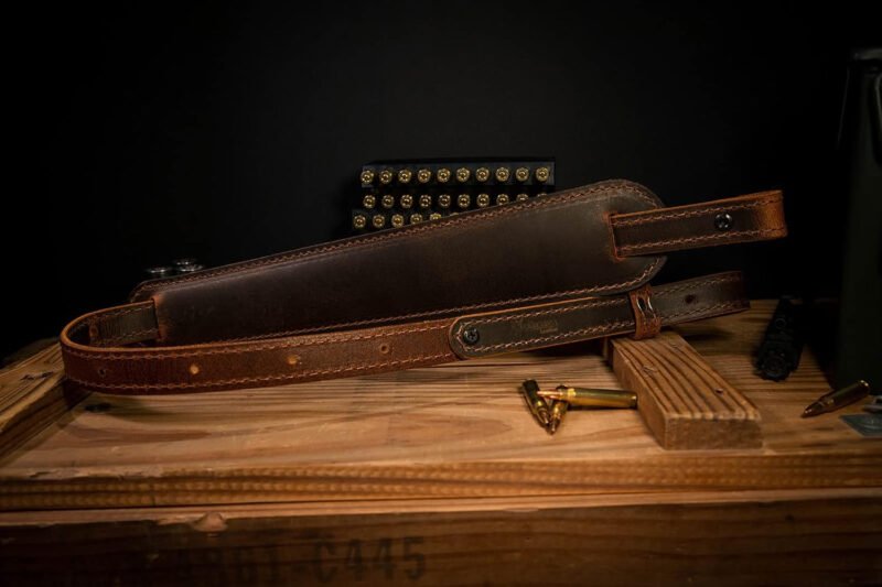 BF500 Buffalo Leather Padded Rifle Gun Sling, Crazy Horse/Brown Stitched, Black, Amish Handmade