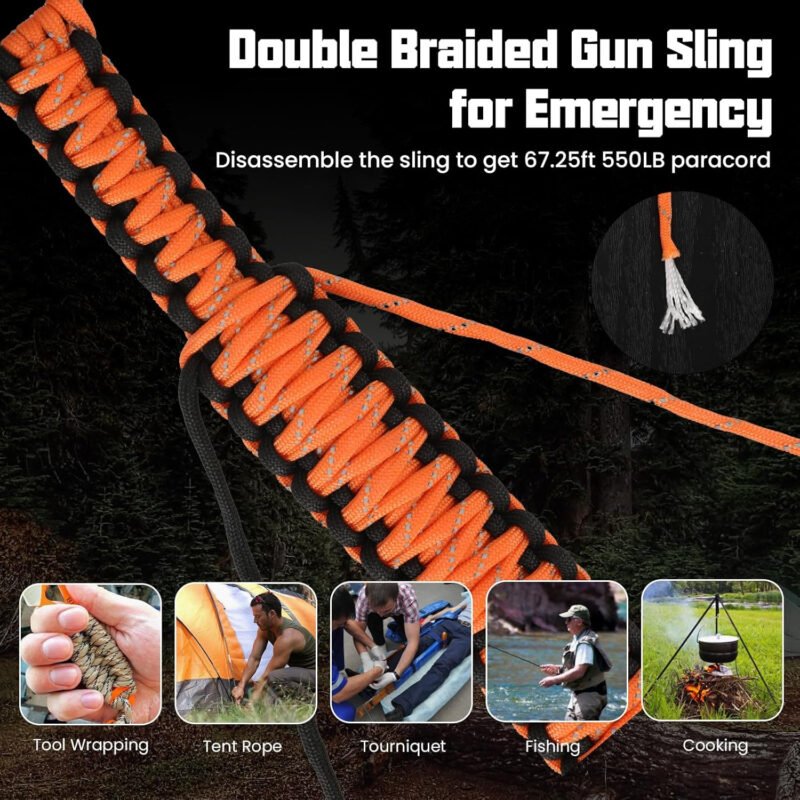 Double Braide 550LB Shotgun Sling 2 Point Paracord Rifle Sling,Non-Slip Traditional Adjustable Gun Sling for Hunting Shooting Camping