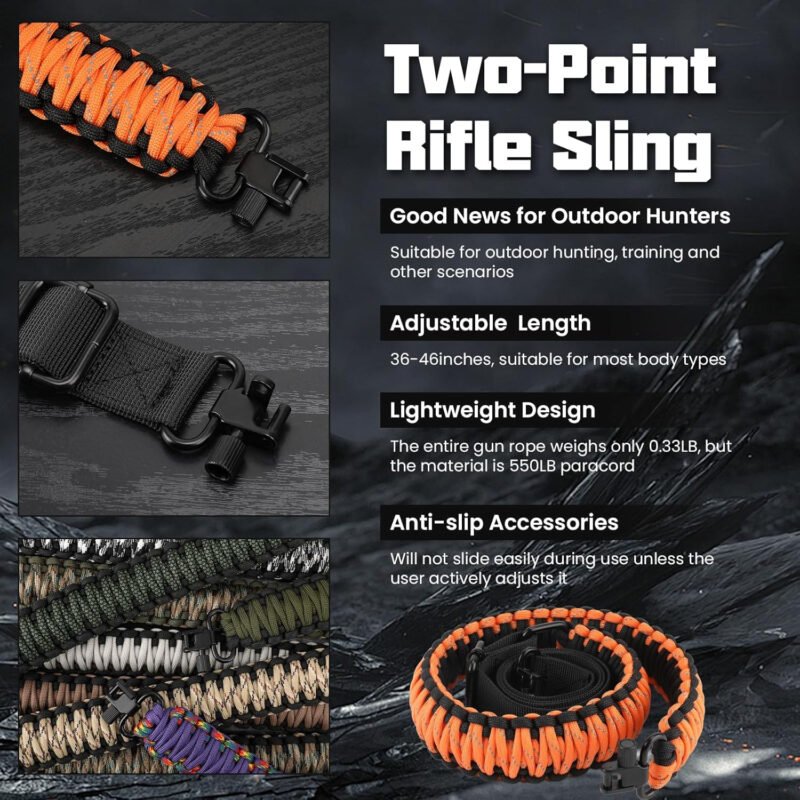 Double Braide 550LB Shotgun Sling 2 Point Paracord Rifle Sling,Non-Slip Traditional Adjustable Gun Sling for Hunting Shooting Camping
