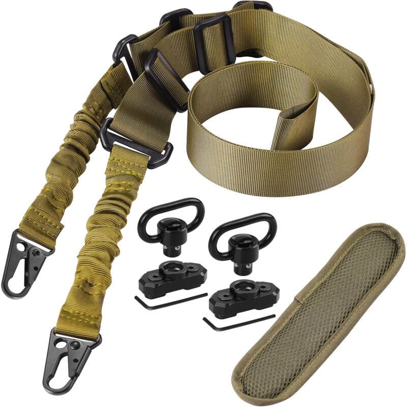 Two Point Traditional QD Sling Kit | Extra Long Adjustable Rifle 2 Point Sling + 2 Pack 360° Rotation Black 1.25″ QD Sling Swivel Mounts for Mlock + Shoulder Pad