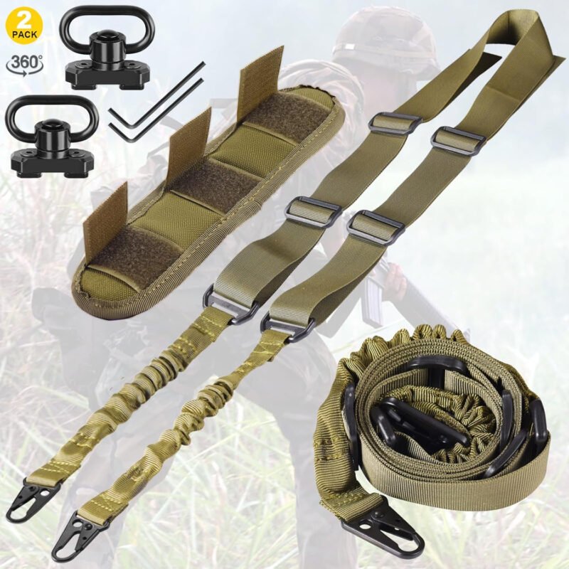 Two Point Traditional QD Sling Kit | Extra Long Adjustable Rifle 2 Point Sling + 2 Pack 360° Rotation Black 1.25″ QD Sling Swivel Mounts for Mlock + Shoulder Pad