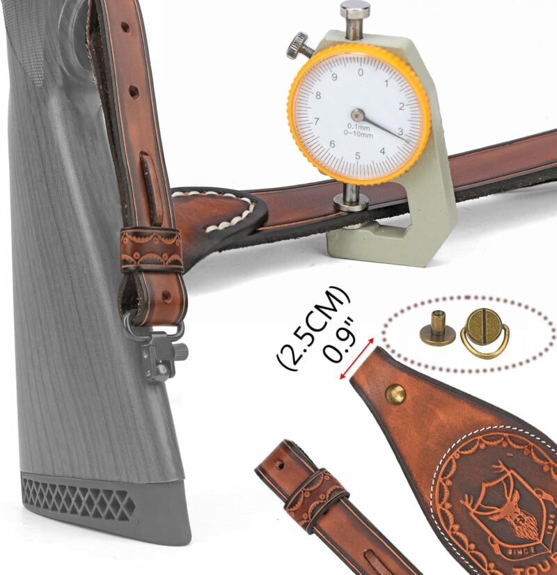 TOURBON Leather Rifle Sling with Accessory Pouch, Quick Release Metal Swivels, 3 Round Ammo Cartridge Holder, Thumb Hole, Heavy-Duty Hand Handle