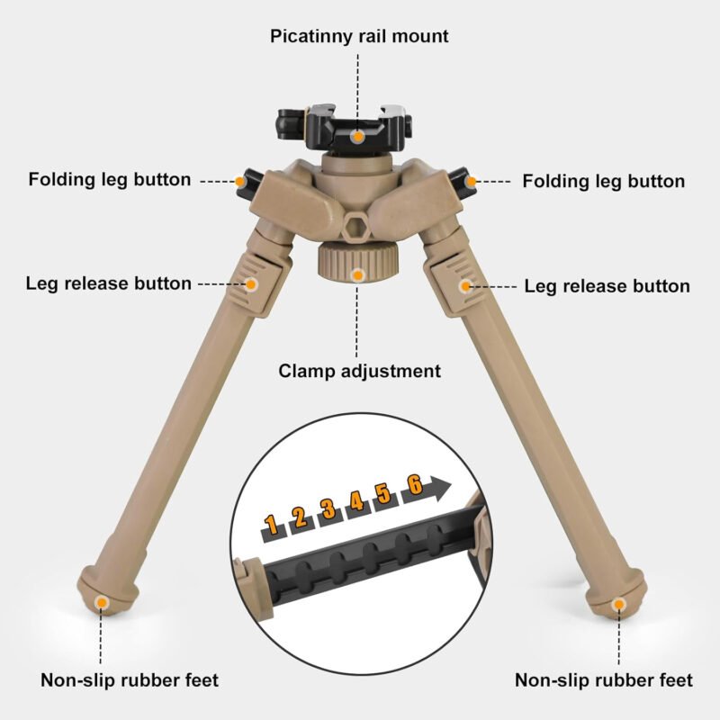 Tactical Durable Sturdy Portable Bipod Picatinny Quick Detach Head for Rifles with 6 Adjustable Heights for Shooting Hunting Accessories