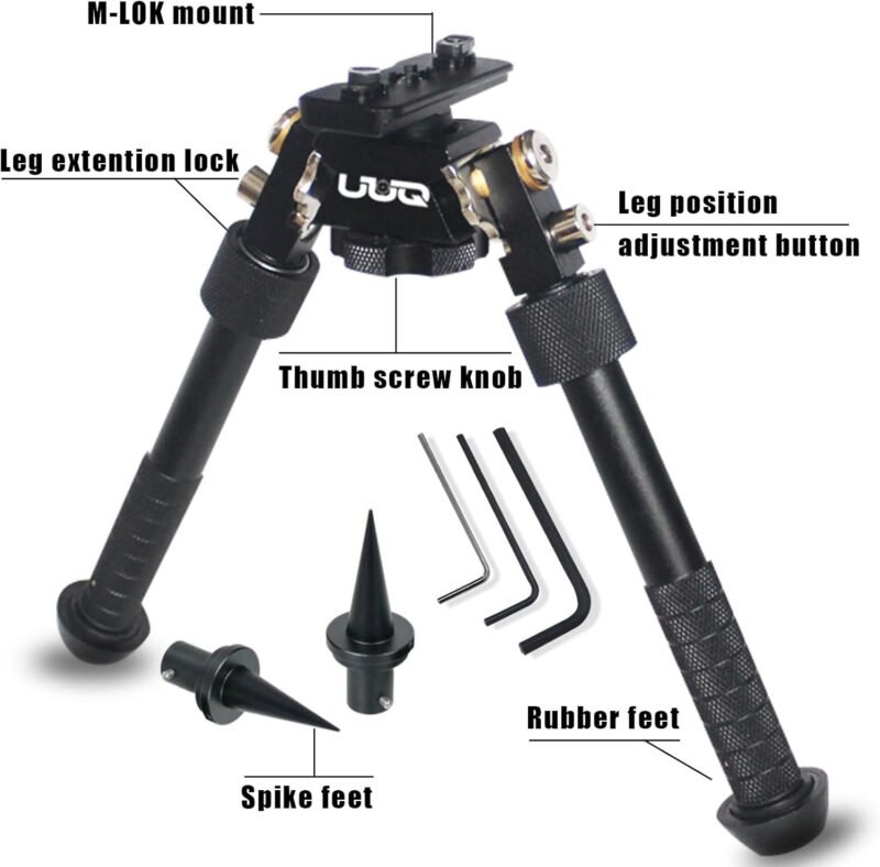 UUQ QV8 6-9 Inches Tactical Rifle Adjustable Bipod for Hunting and Shooting, Mount Base for Mlok Handguards, Directly Attach to M-Rail System, w/Spike Feet