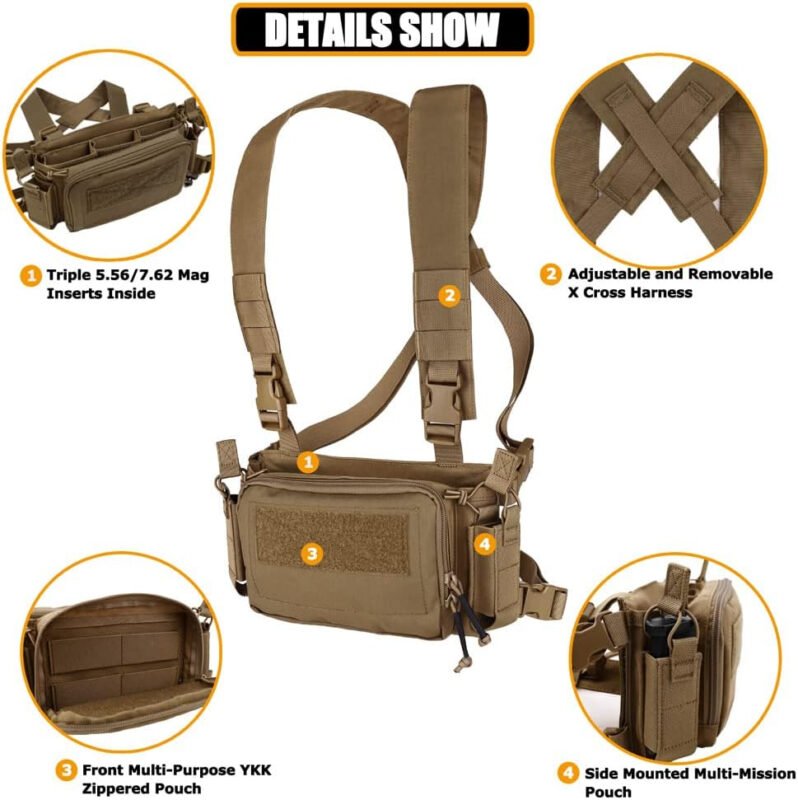 KRYDEX Tactical Chest Rig with Triple 5.56/7.62 Mag Pouch Insert 9mm Mag Pouches and X Harness