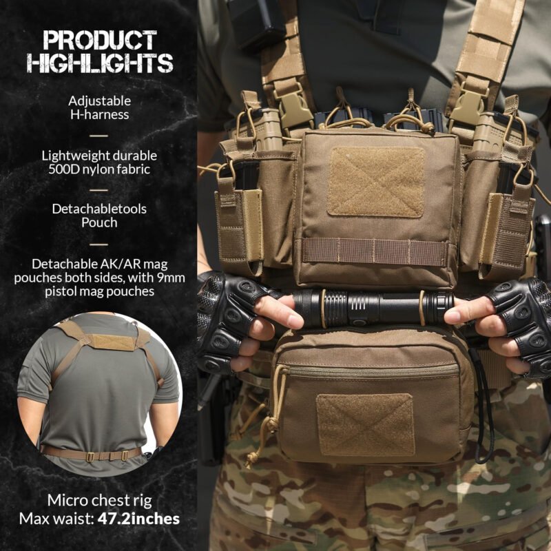 Chest Rig-Tactical Chest Rig, Adjustable & Detachable Molle Micro Chest Rigs, with 5.56/7.62 Magazine Pouch, Pistol Pouch