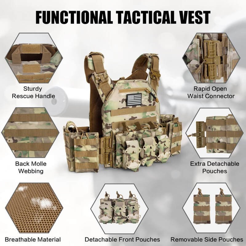 Jueachy Tactical Vest for Men Plate Carrier: Quick Release Lightweight Military Vest Adjustable Breathable Weighted Vest for Training