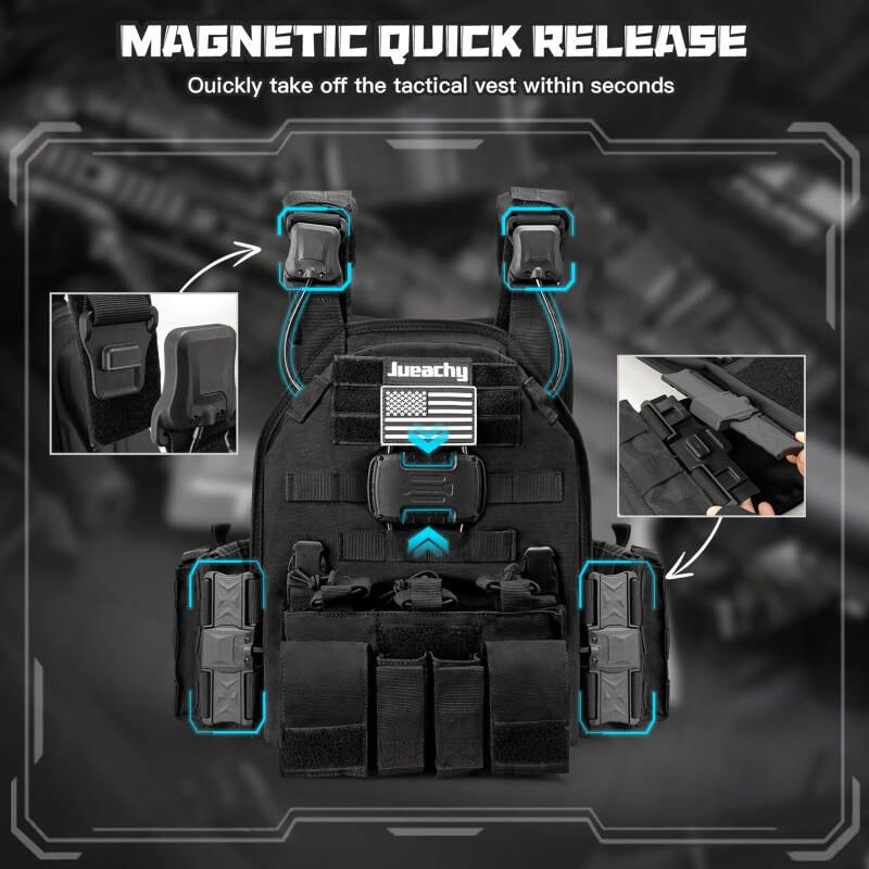 Jueachy Magnetic Tactical Vest for Men: Plate Carrier Vest Quick Release One-Button Disassembly Lightweight Vest