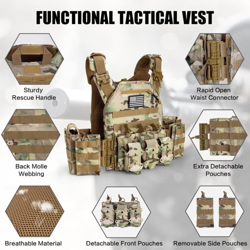 Jueachy Tactical Vest for Men Plate Carrier: Quick Release Lightweight Military Vest Adjustable Breathable Weighted Vest for Training