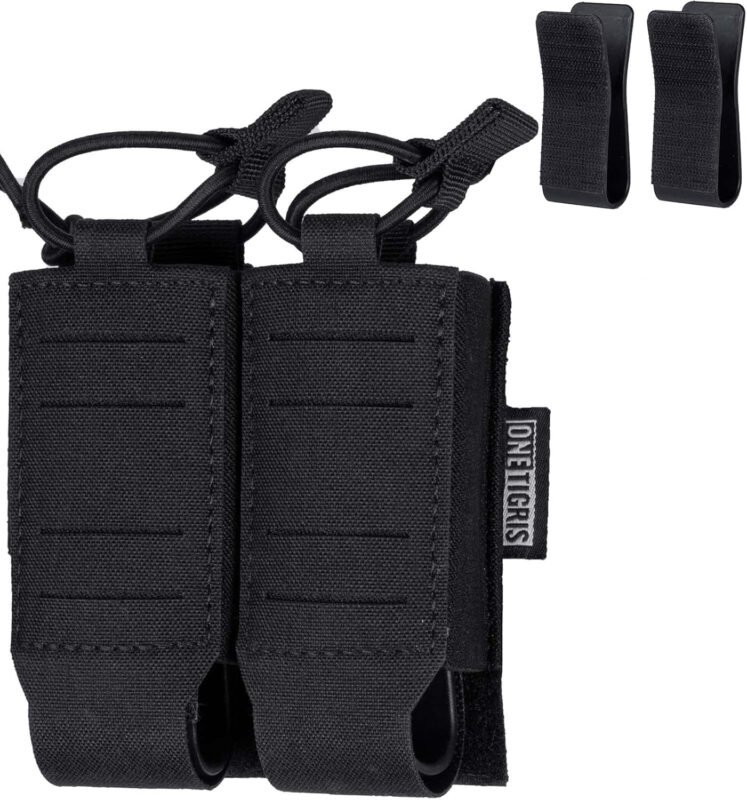 OneTigris Tactical Pistol Mag Pouch, MOLLE Double Magazine Pouch for 9mm .40 .45 .357 Glock S&W Ruger Springfield HK Quick Release with Plastic Inserts OWB Laser-Cutting