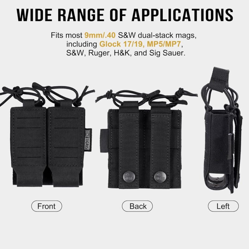 OneTigris Tactical Pistol Mag Pouch, MOLLE Double Magazine Pouch for 9mm .40 .45 .357 Glock S&W Ruger Springfield HK Quick Release with Plastic Inserts OWB Laser-Cutting