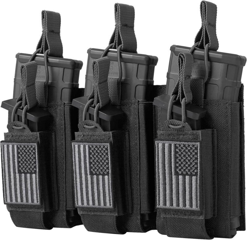 Open-Top Single/Double/Triple Molle Mag Pouch for 5.56mm M4 M16 AK AR Glock M1911 9mm Elastic Rifle Magazines Pistol Mag Pouches Holder Carrier with USA Flag Patch
