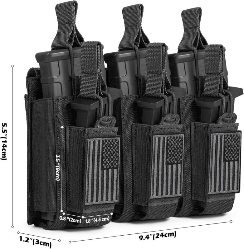 Open-Top Single/Double/Triple Molle Mag Pouch for 5.56mm M4 M16 AK AR Glock M1911 9mm Elastic Rifle Magazines Pistol Mag Pouches Holder Carrier with USA Flag Patch