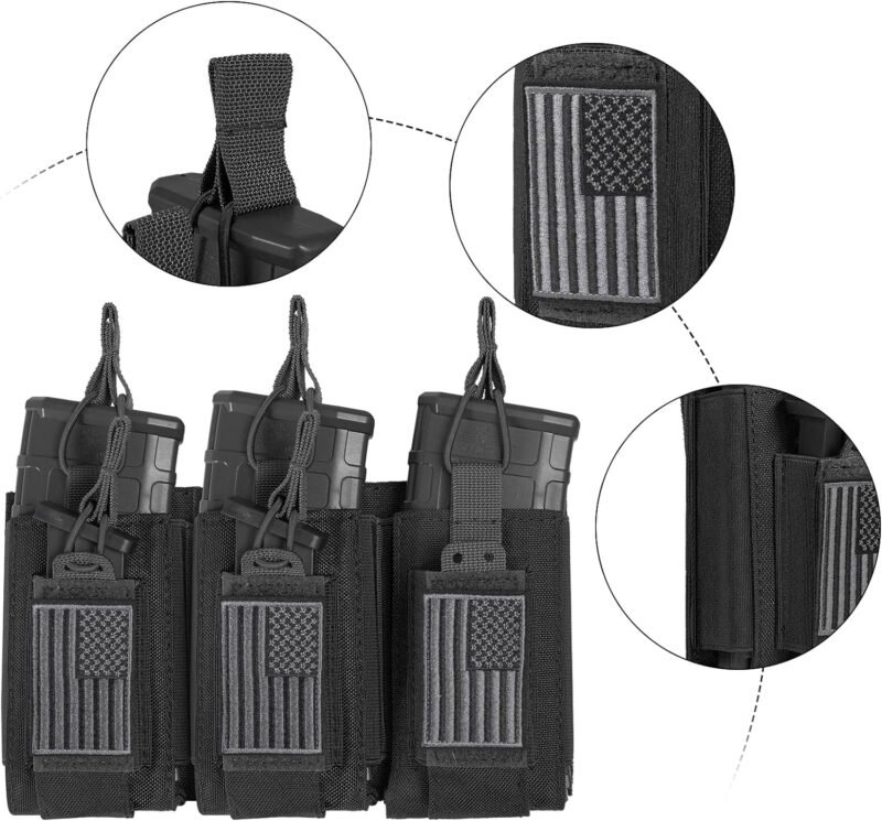 Open-Top Single/Double/Triple Molle Mag Pouch for 5.56mm M4 M16 AK AR Glock M1911 9mm Elastic Rifle Magazines Pistol Mag Pouches Holder Carrier with USA Flag Patch