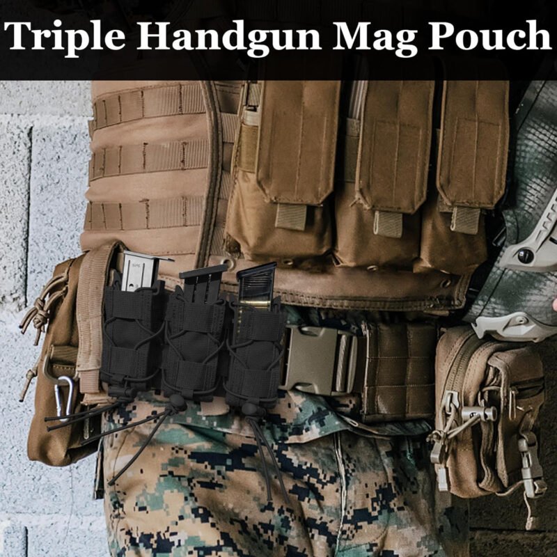 2Pc Triple & Double Pistol Mag Pouch Hold Five Mag, Molle Universal Handgun Magazine Holster for 9mm/.40 Calibers 45acp Glock S&W M&P, or Springfield 1911